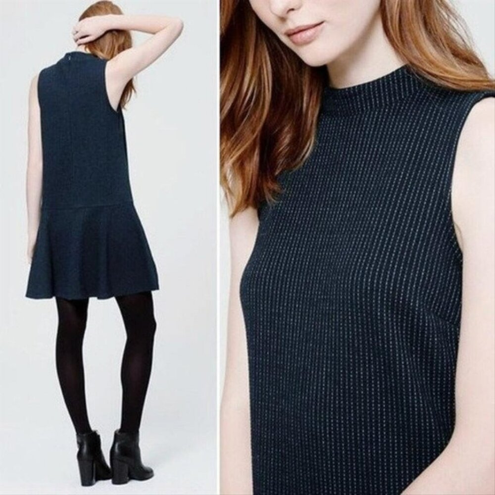 Loft Navy Blue Pinstripe Knit Swing Micro Ultra Mini Shift Sleeveless Dress XS P